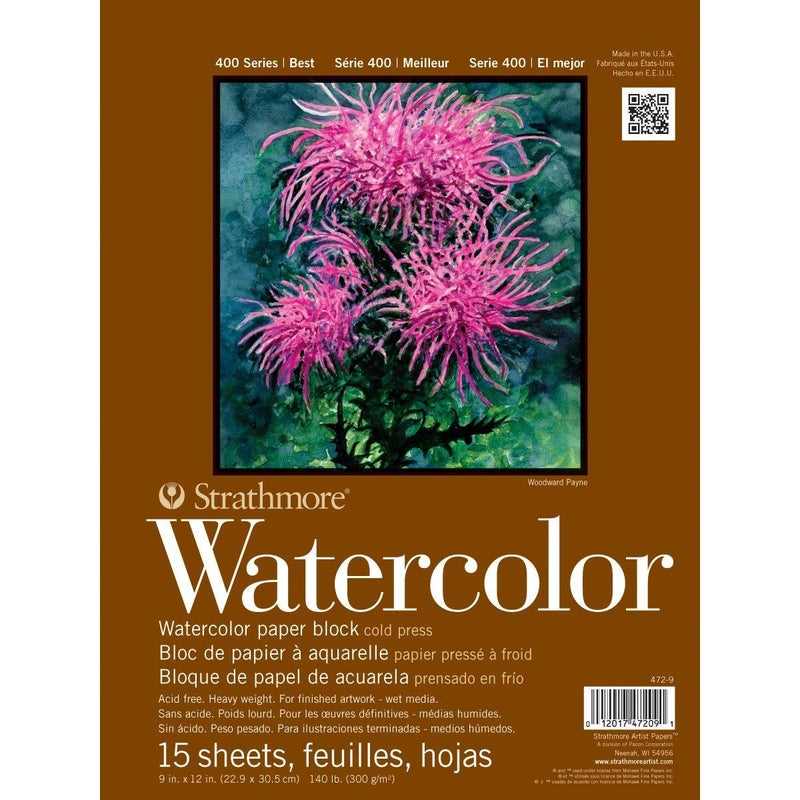 Strathmore كتلة الألوان المائية من ستراثمور 400، ضغط بارد، 9"x12" مربوطة (4 جوانب)، 15 ورقة/كتلة، بيضاء - Image 1